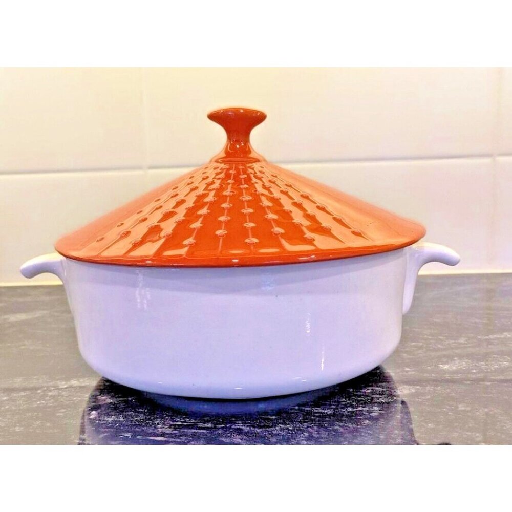 Vintage USA Mid-Century White & Orange Lidded Casserole Dish